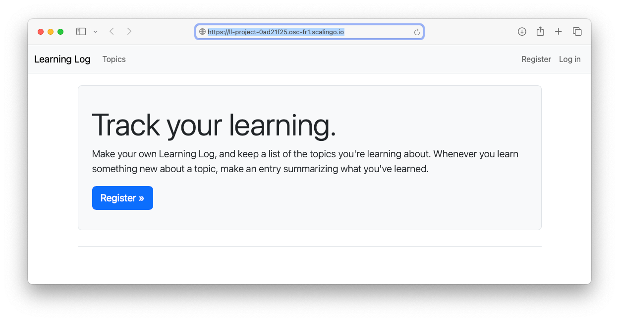 Learning Log home page, reading "Track your learning." in large text, with an accompanying description of the project.