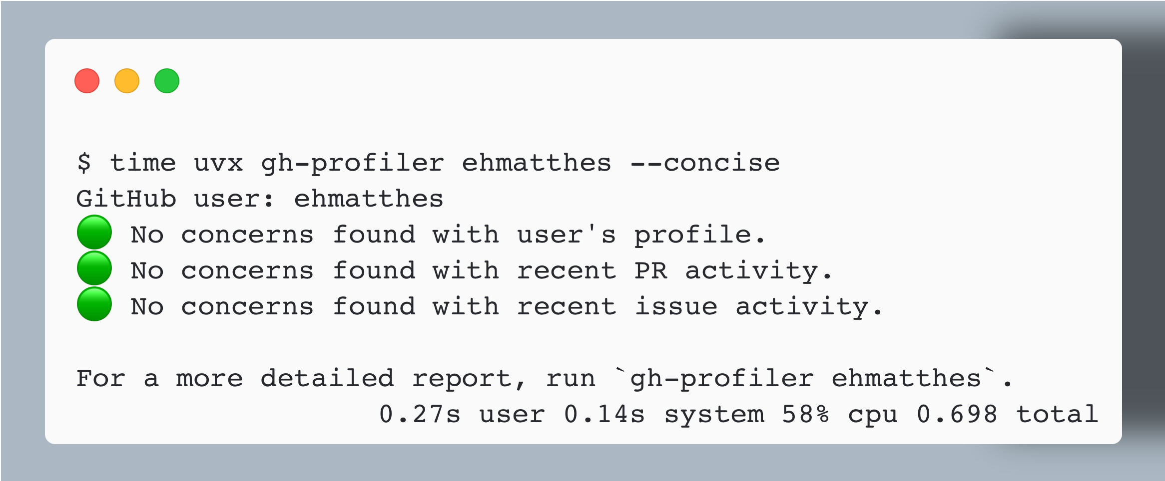 A run of `uvx gh-profiler ehmatthes --concise`, which finishes in about 0.7 seconds.