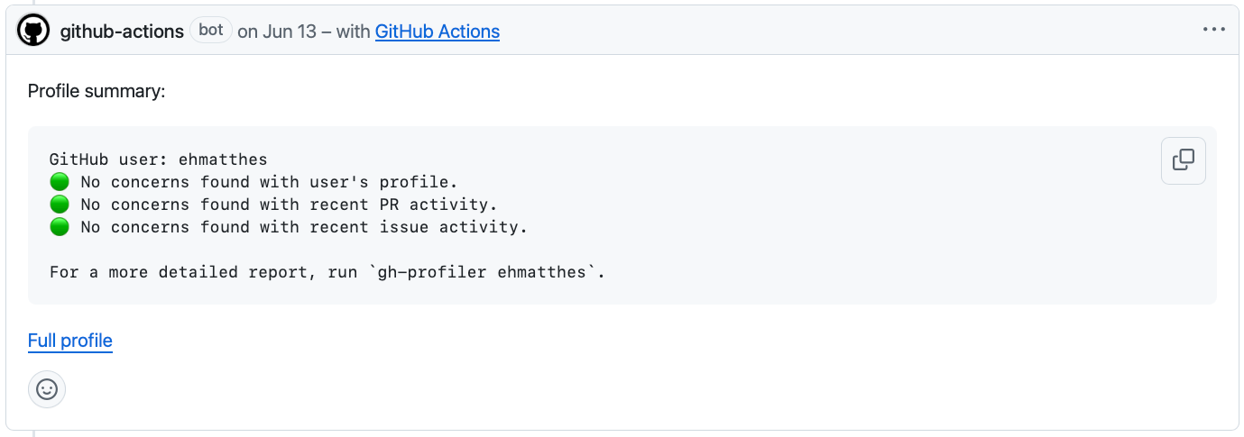 profile output shows username, and three colored dots with brief messages summarizing recent contribution behavior