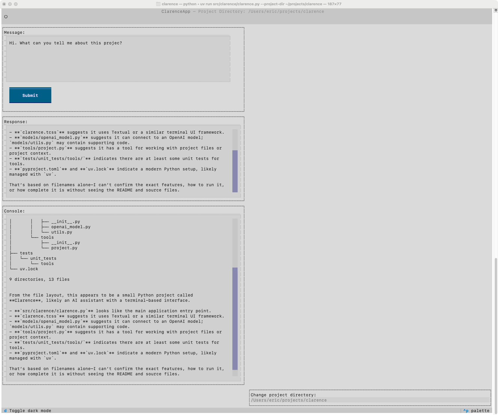 Same TUI app, with more boxes. Message asking about the project, and detailed response listing all that's inferred about the project from the directory listing.