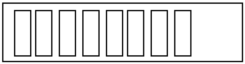 A drawing of a shelf with eight items on it, with a little space on the right end.