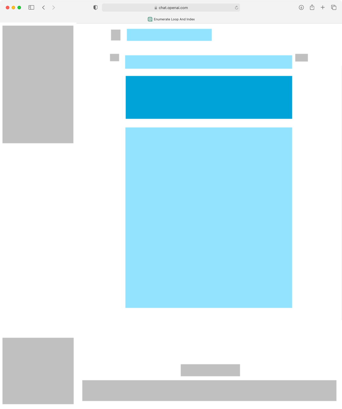 There are two gray rectangles on the left, and two at the bottom. There is one prominent dark blue rectangle near the top. There are a couple smaller light blue rectangles near the top, and one large light blue rectangle in the middle of the page.