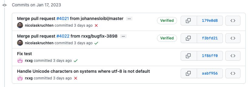 List of recent commits made 3 days ago.