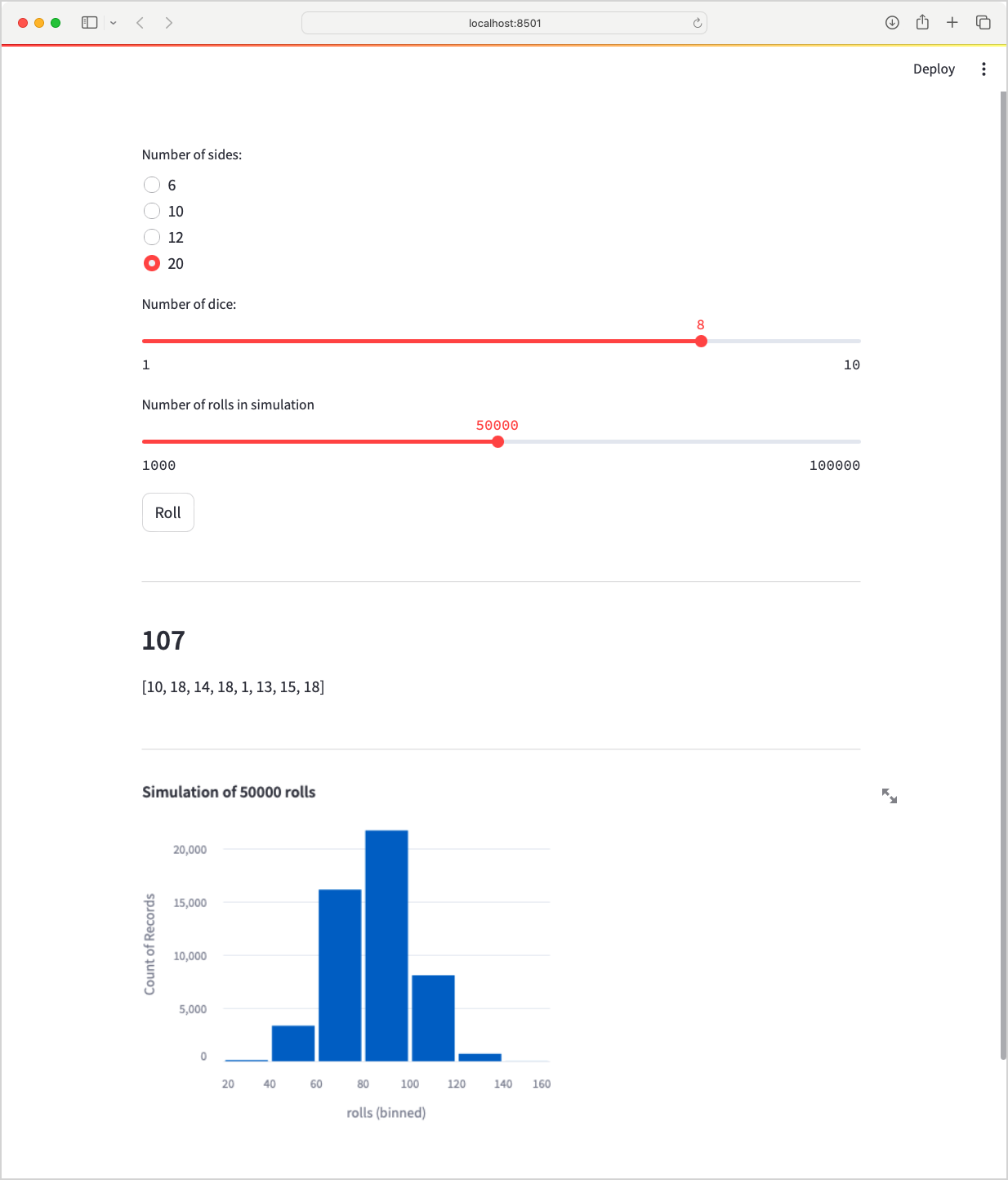 histogram of dice rolls at bottom of dashboard