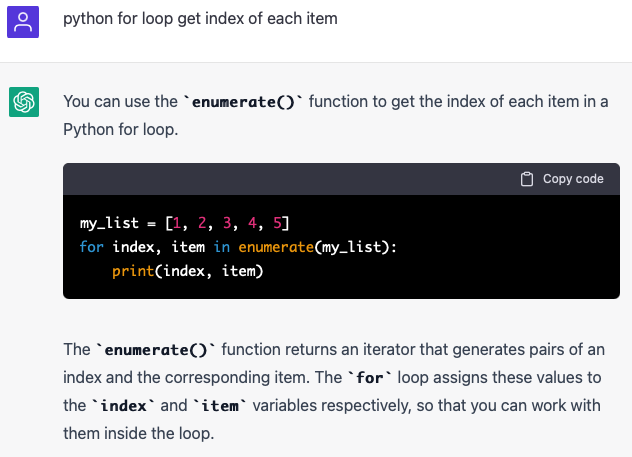 ChatGPT session, responding to prompt "python for loop get index of each item".