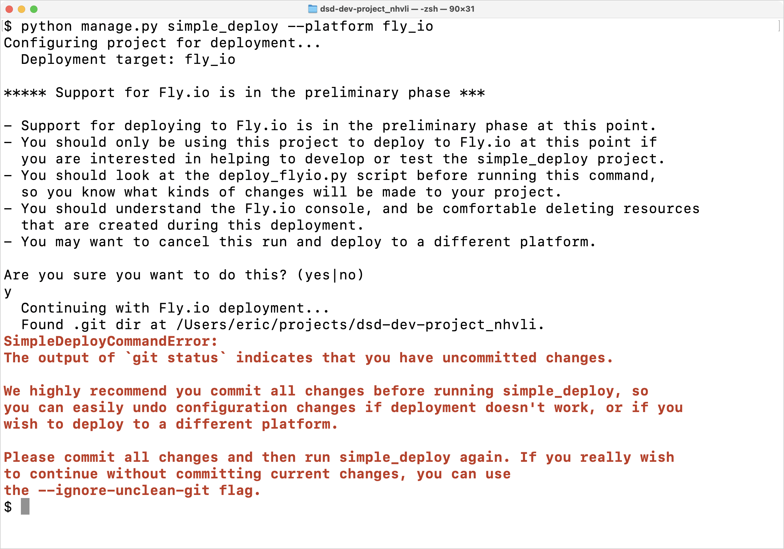 Terminal window showing a run of `$ python manage.py simple_deploy`