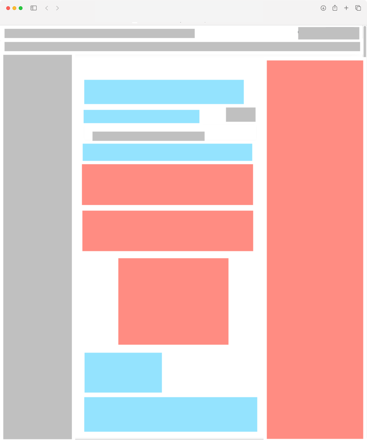 There are gray rectangles at the top and left of the image. There are big red rectangles on the right, and in the middle. There are a few smaller light blue rectangles near the top and near the bottom.