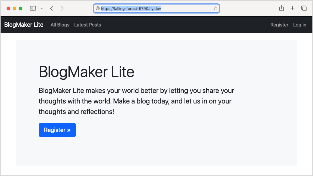 The same homepage image, showing a Fly.io URL in the address bar.