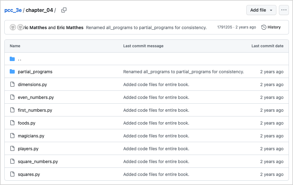list of program files from Chapter 4 of Python Crash Course