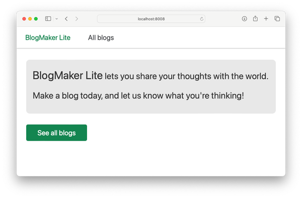 Home page with a clearly defined nav bar, main blurb, and button linking to the all blogs page