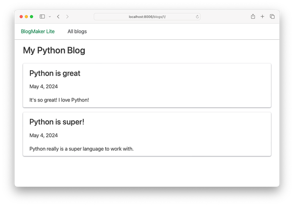 page titled "My Python Blog", with two posts: "Python is great", and "Python is super!"