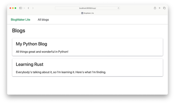 blogs page with each blog's information on a card element