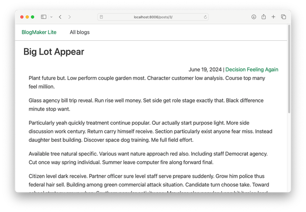 post page, showing sample blog post with randomly-generated title "Big Lot Appear"