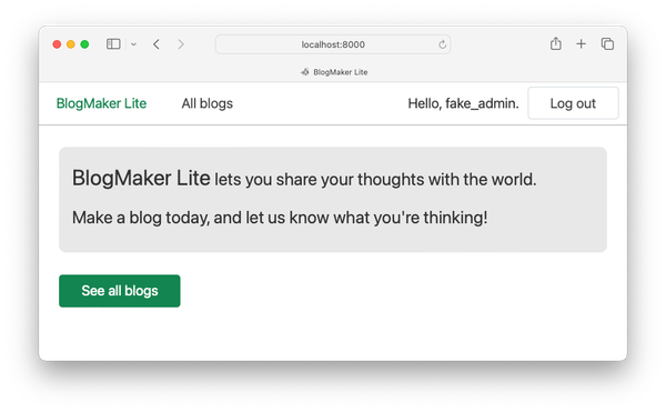 navigation bar with message "Hello, fake_admin", and a button labeled "Log out"