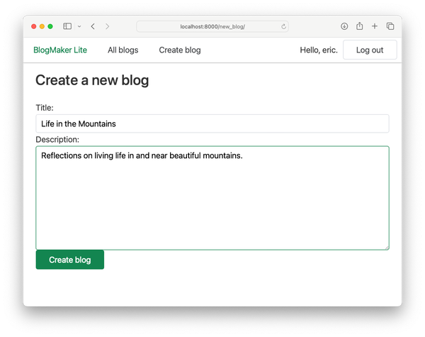 web page with form titled "Create a new blog"