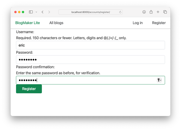 user registration page, with "eric" in username field, and obscured passwords in a password and password confirmation f