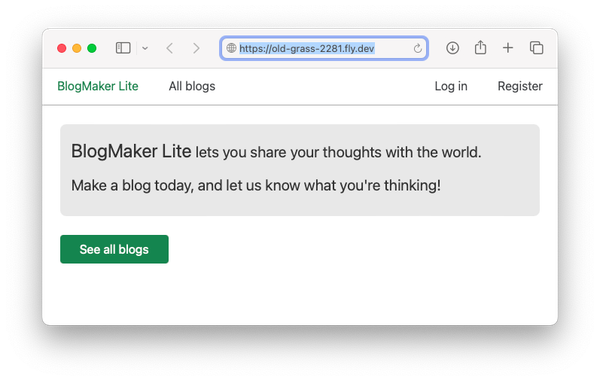 BlogMaker Lite home page, with address bar highlighted showing a fly.io URL specific to this project
