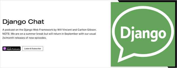 Django Chat logo and tagline: "A podcast on the Django Web Framework by Will Vincent and Carlton Gibson."