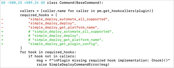 Shows three lines commented out in the middle of a 500+ line file.