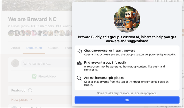 Facebook modal announcing a non-optional "AI Buddy" for a community group