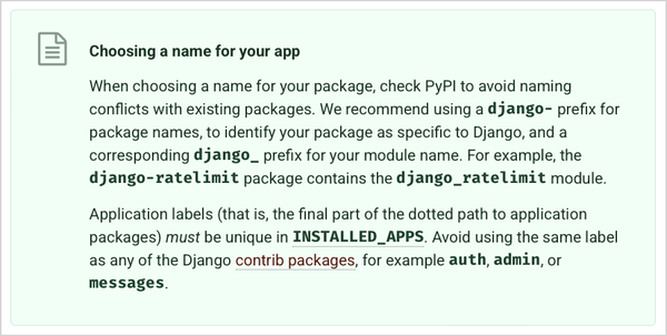excerpt from Django app packaging tutorial titled "Choosing a name for your app"