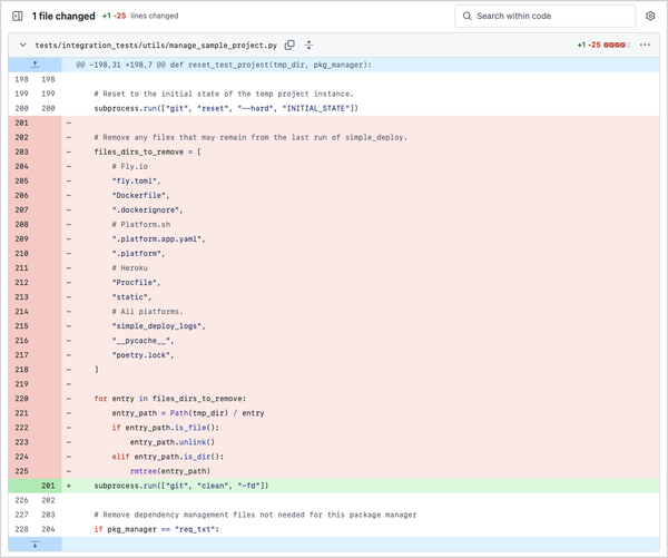 GitHub screenshot showing one new line replacing 25 existing lines