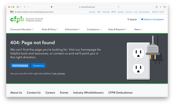 CFPB home page, showing a "404: Page not found" message, and a graphic of a plug hanging beside an empty electrical outlet.