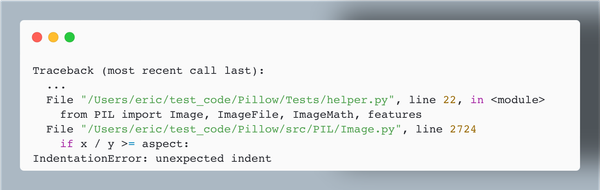 six lines of an 89-line traceback, from running tests after intentionally introducing a bug into a project