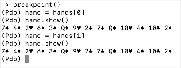 debugger session showing that two hands have exactly the same cards