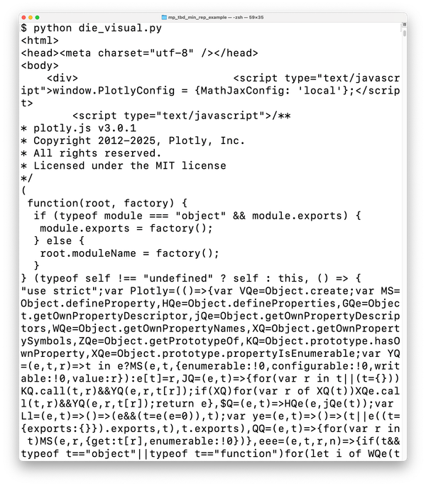terminal window showing a bunch of HTML and JavaScript instead of opening a plot in a browser windo