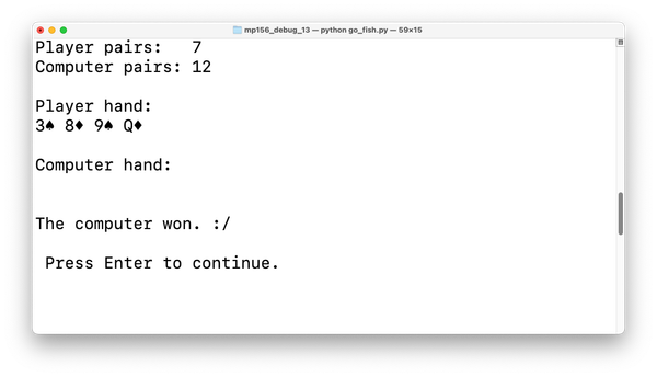 terminal session showing the player with 2 pairs and the computer with 12 pairs. The player has four cards, and the computer has an empty hand.