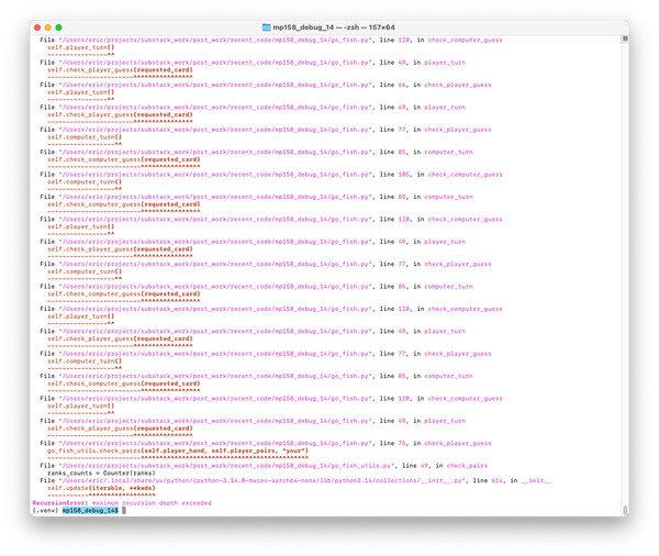 a terminal screen showing a really long traceback, that ends in "RecursionError: maximum recursion depth exceeded"