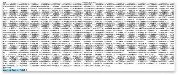 terminal output showing the last 20 lines or so of the first million digits of pi