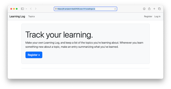 Learning Log home page, reading "Track your learning." in large text, with an accompanying description of the project.