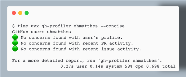 A run of `uvx gh-profiler ehmatthes --concise`, which finishes in about 0.7 seconds.