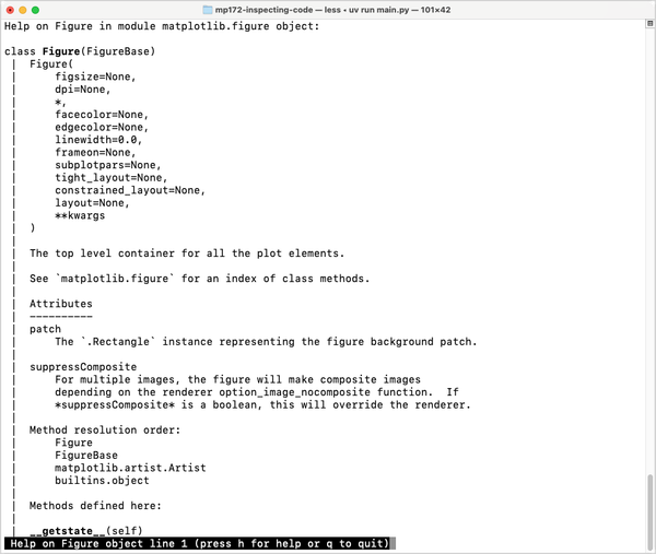 Terminal window showing a lot of information about Matplotlib's Figure objects