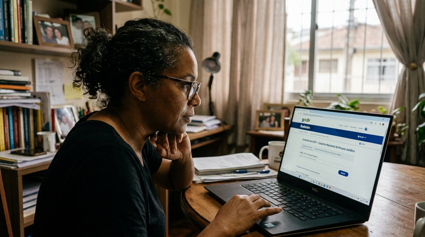 Pessoa verificando informações de CNPJ em computador, etapa inicial na identificação de um possível falso coletivo de plano de saúde.