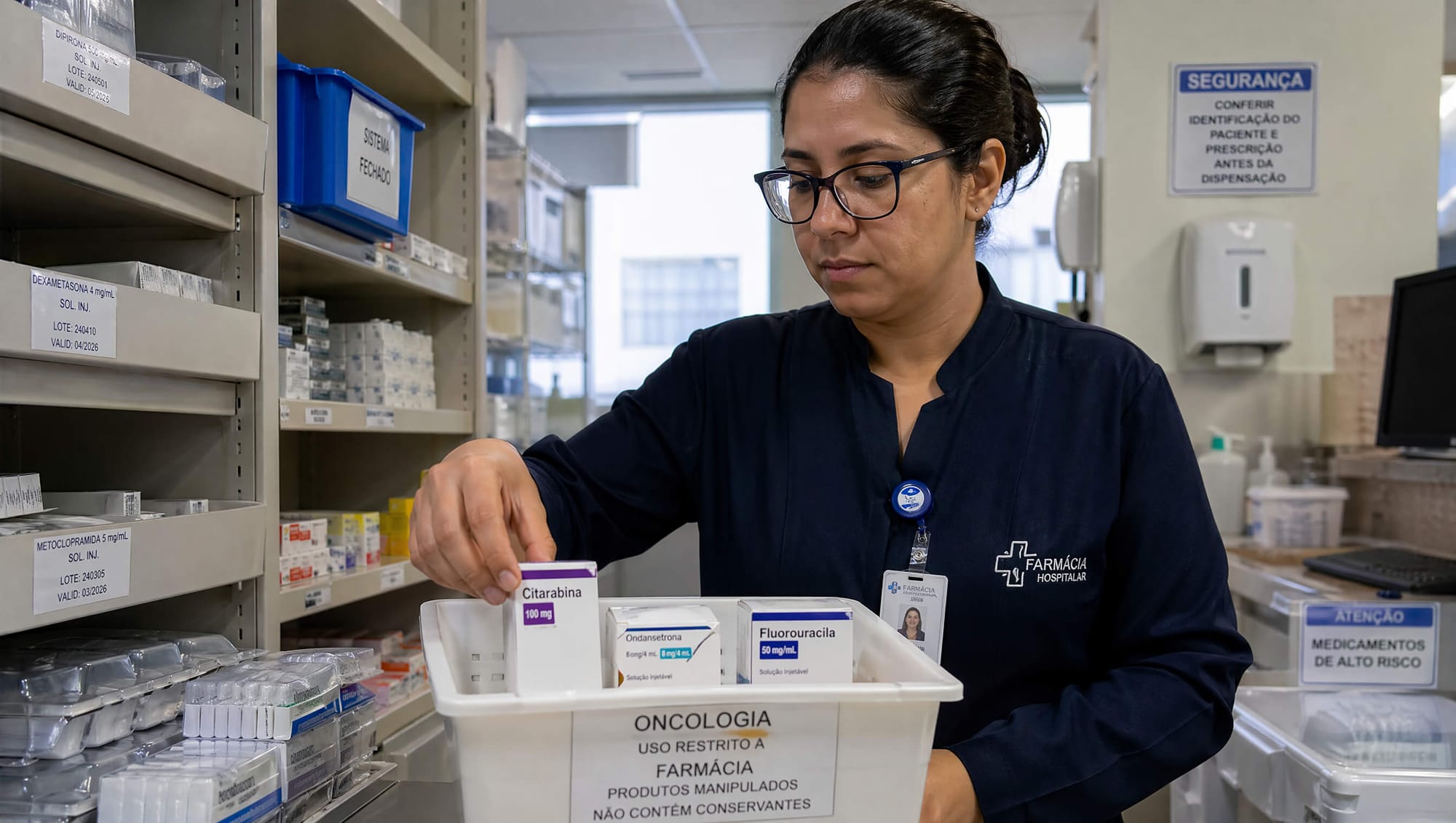 Profissional de farmácia hospitalar separando medicamentos em bandeja, etiquetas visíveis