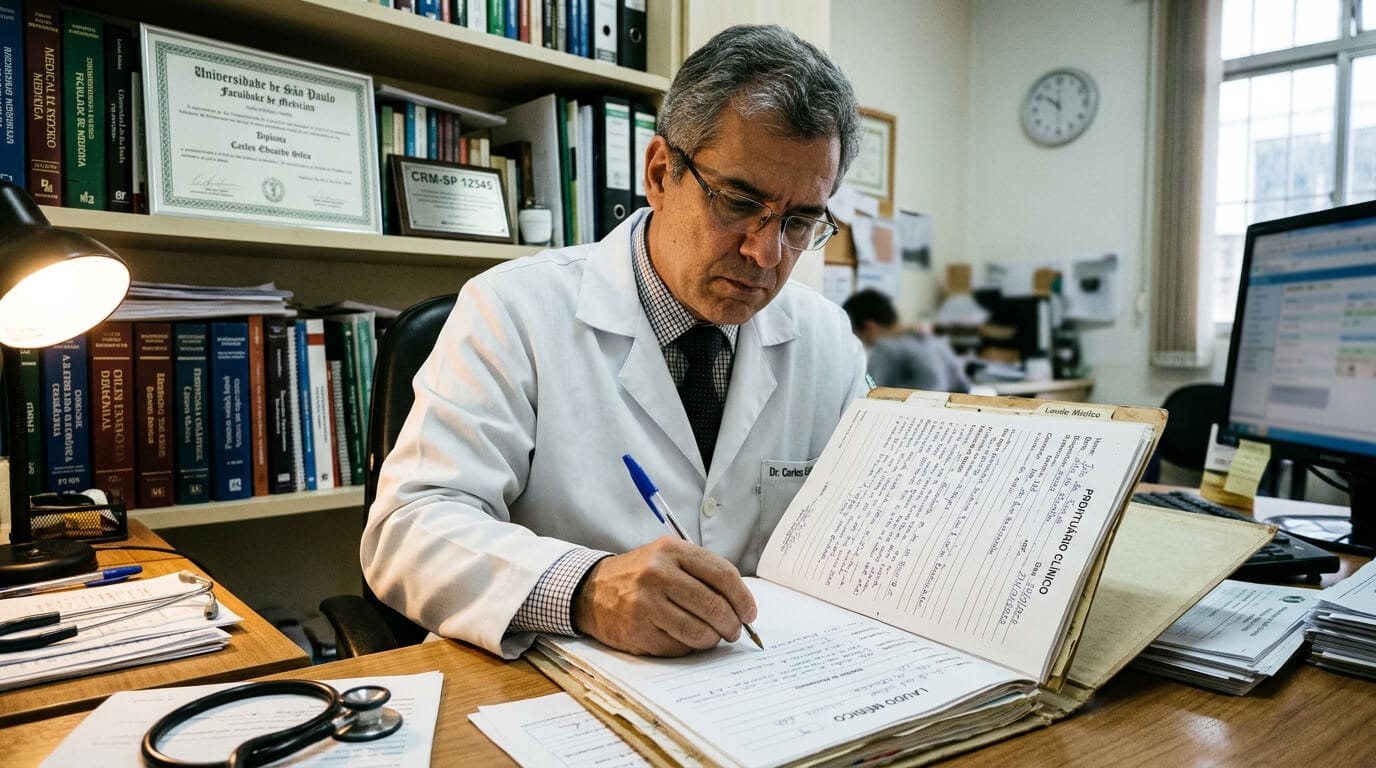 Médico preenchendo laudo médico com detalhes da indicação cirúrgica para contestar negativa de plano de saúde