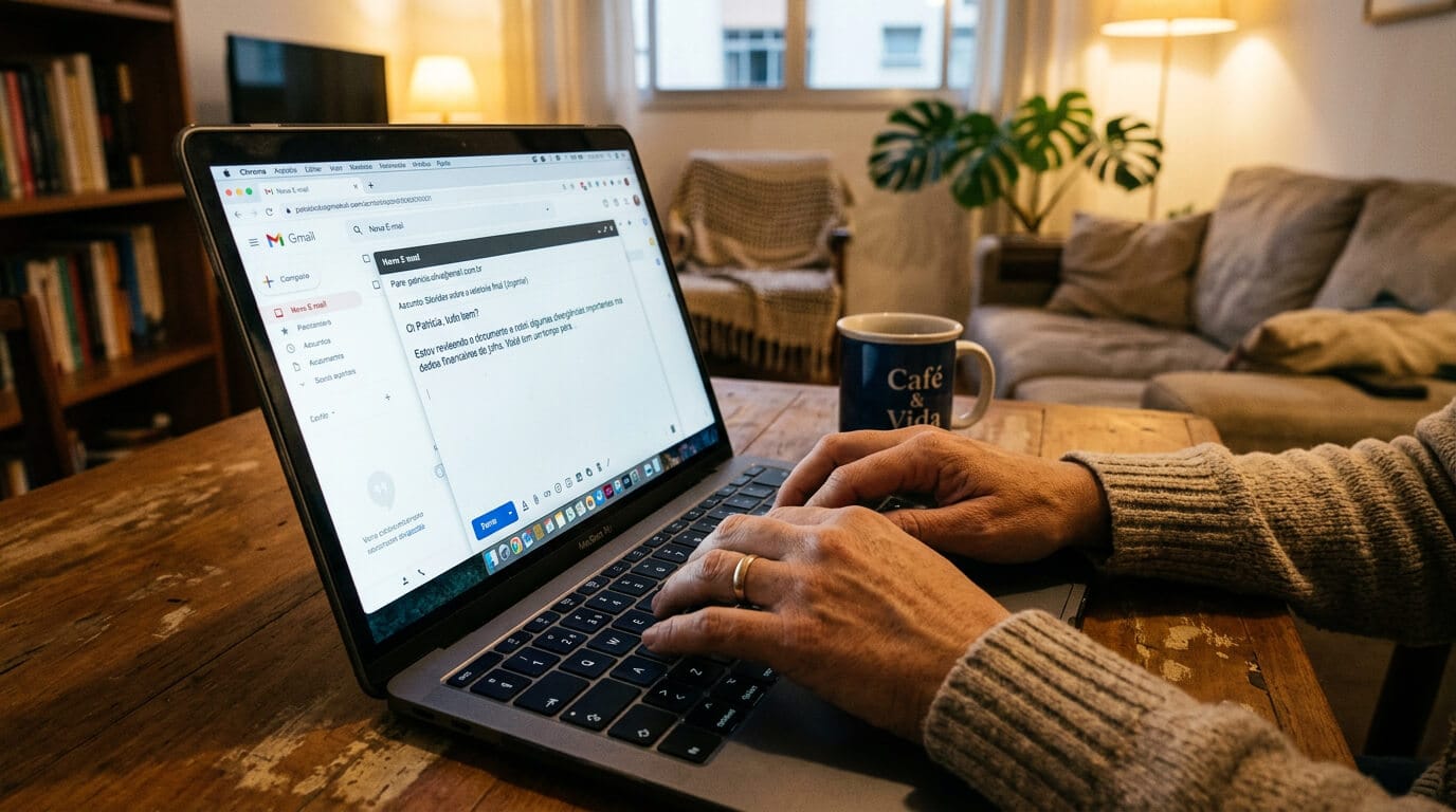 Mão digitando em notebook com interface de e-mail aberta, ambiente doméstico