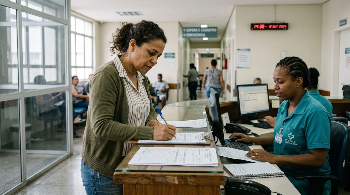 Pessoa em recepção hospitalar registrando negativa de atendimento do plano de saúde para contestar alegação de carência
