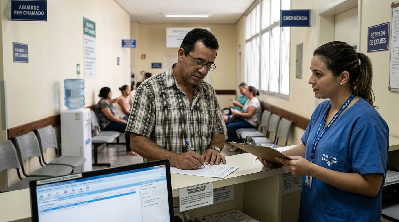 Pessoa em recepção hospitalar registrando negativa de atendimento do plano de saúde para contestar alegação de carência
