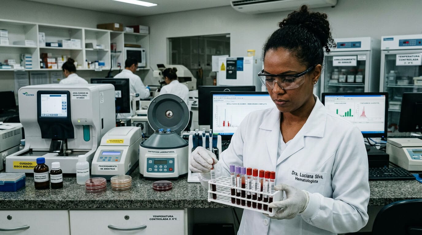 Pesquisadora em laboratório de hematologia com amostras de sangue, representando a importância do exame RT-PCR quantitativo no monitoramento do tratamento de leucemia.