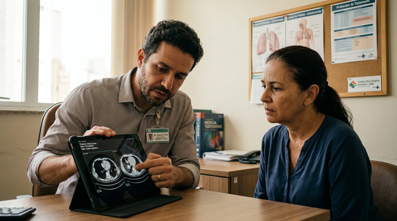 Médico mostrando imagens de diagnóstico para paciente oncológico, ilustrando a importância da documentação médica fundamentada para contestar negativas de plano de saúde.