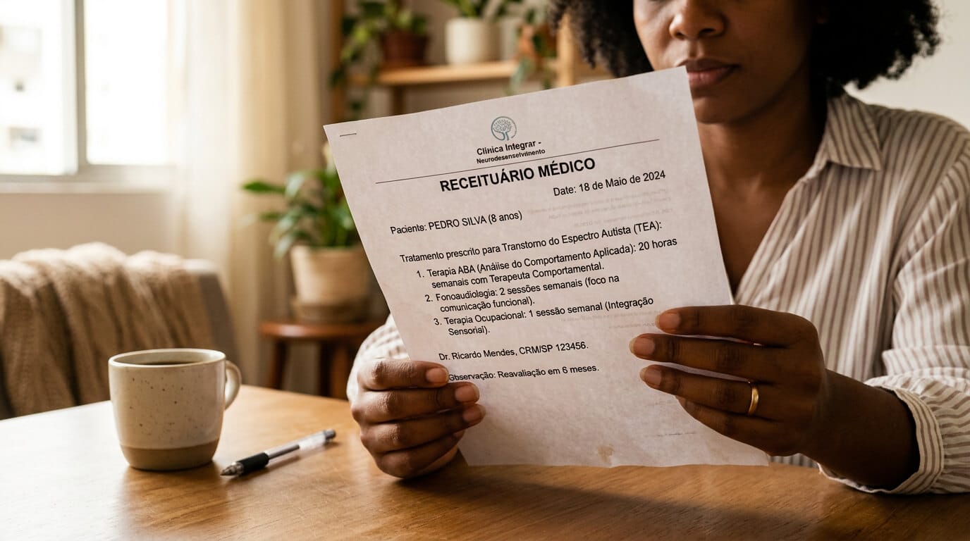 Mão segurando prescrição médica de terapia para TEA, representando o processo de solicitação formal ao plano de saúde.