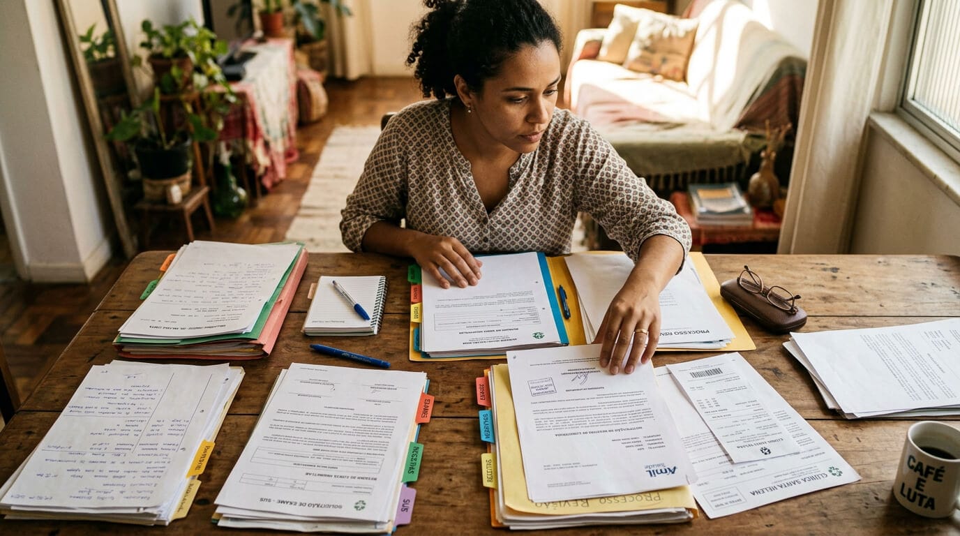 Pessoa organizando documentos médicos e correspondências de plano de saúde, ilustrando a necessidade de guardar registros para embasar ação judicial por dano moral.
