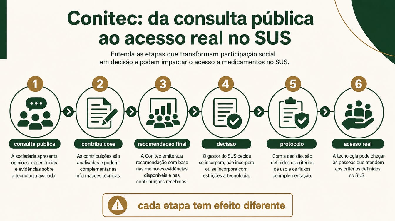 Linha do tempo mostra etapas entre consulta pública da Conitec e acesso real a medicamento no SUS.