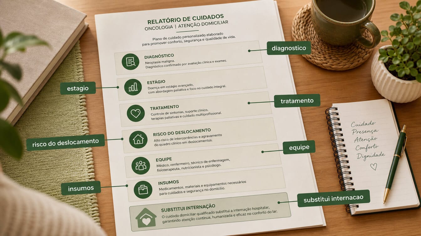 Laudo oncológico com marcações sobre diagnóstico, estágio, tratamento, equipe, insumos e substituição de internação.