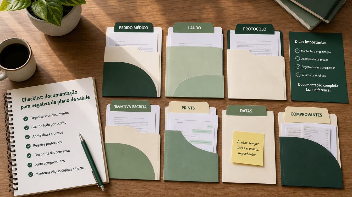 Checklist com pedido médico, laudo, protocolo, negativa escrita, prints, datas e comprovantes.