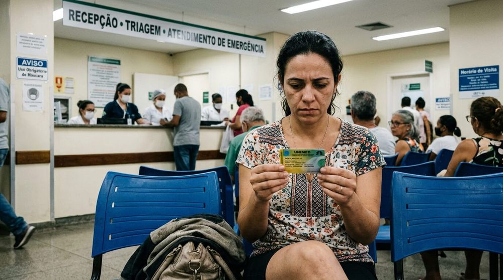 Pessoa em pronto-socorro segurando carteirinha do plano de saúde após ter atendimento negado alegando carência